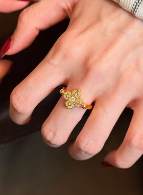5D硬金黄金降魔杵戒指女999足金气质点钻镶嵌指环纯金戒子送女友