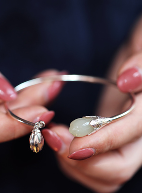 见欢喜925银开口天然和田玉手镯