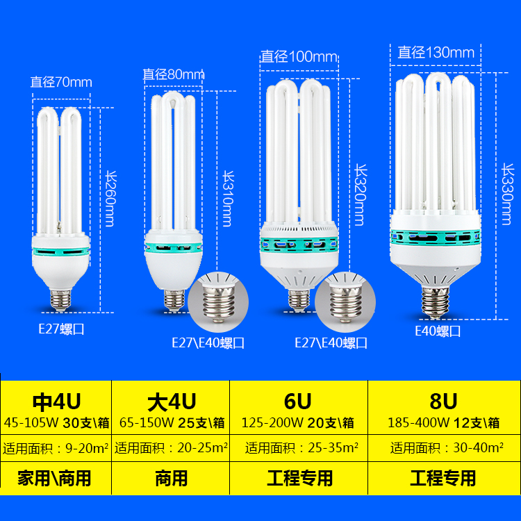 大功率节能灯泡螺旋4U6U8U45W65w85W150W200W300瓦工程家用灯蓝欣 - 图0