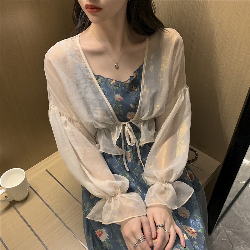 selumer旗舰店配吊带裙子长袖防晒衣开衫女夏季新款薄款外套外搭披肩式上衣0
