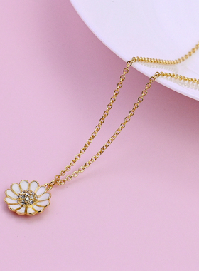 女珐琅釉彩镶钻雏菊花朵项链百搭
