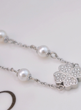 百搭款镶钻珍珠手链幸运四叶草