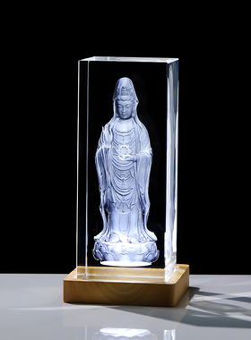 普陀山南海观世音菩萨莲花站像家用室内灯座水晶玻璃内雕激光工艺