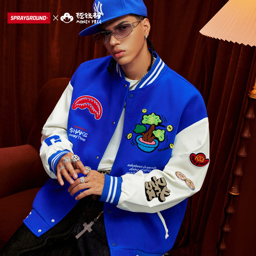 SprayGround鲨鱼嘴冬季夹棉棒球服夹克摇钱树联名宽松情侣外套潮 - 图1