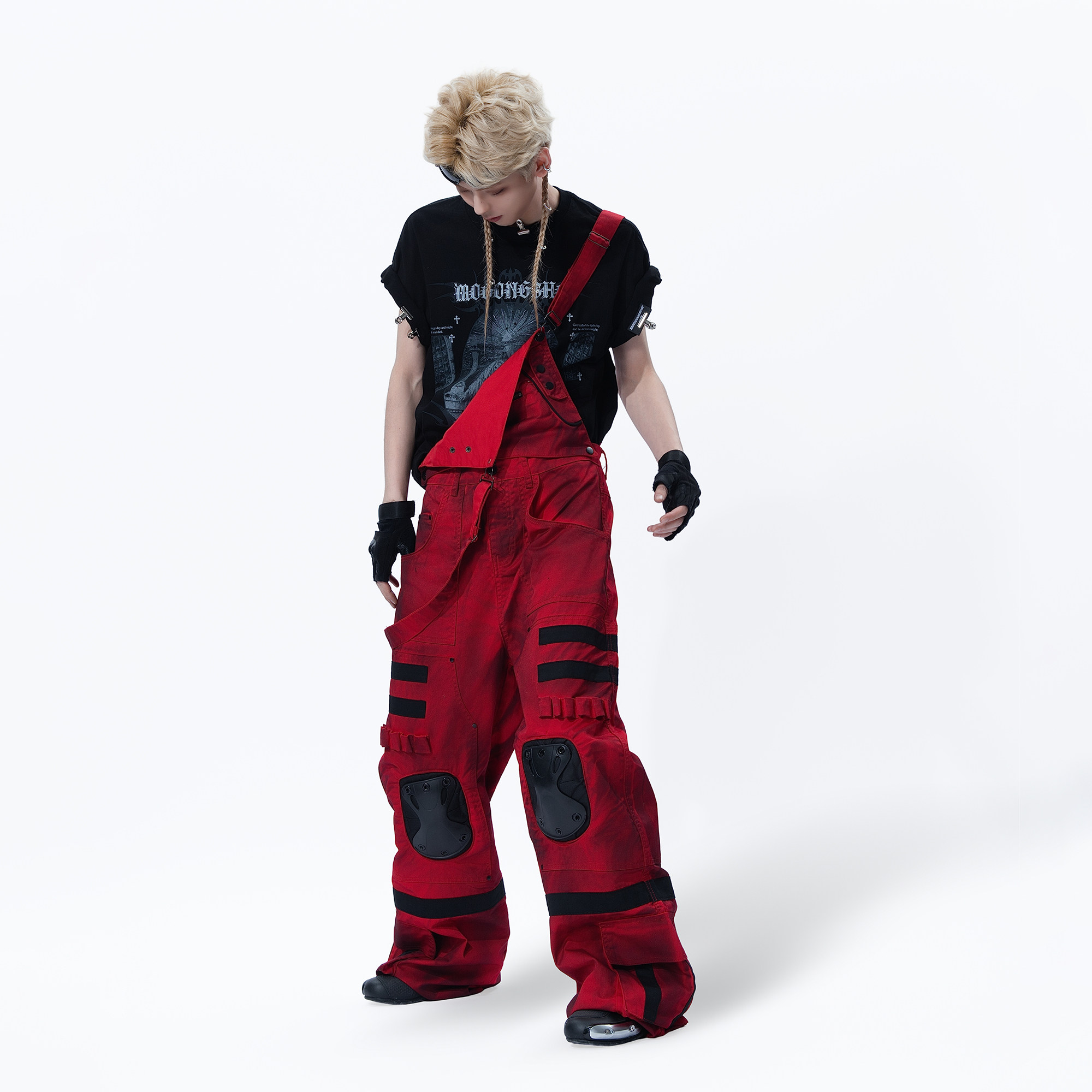 MOGONGSHE*机能风新年红工装裤护膝装饰多绑带设计赛博朋克背带裤,淘宝优惠券,粉丝福利购,淘宝优惠卷