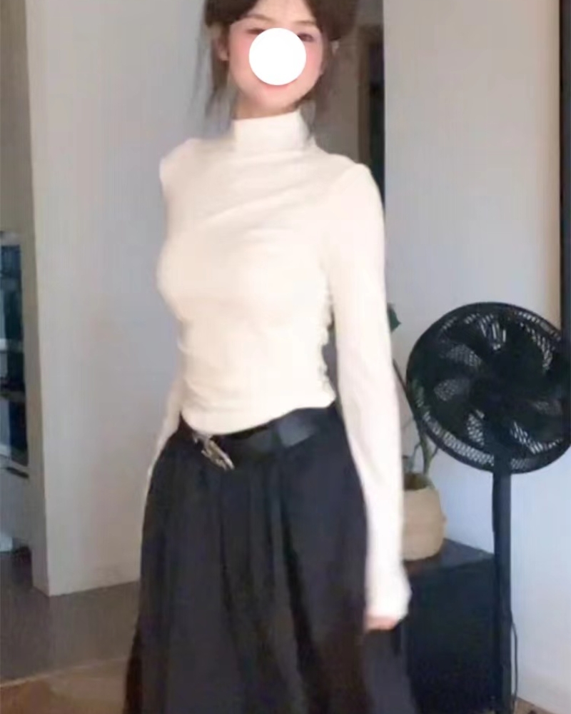 白色打底衫女春秋季内搭正肩长袖t恤2025新款修身显瘦半高领上衣 - 图0