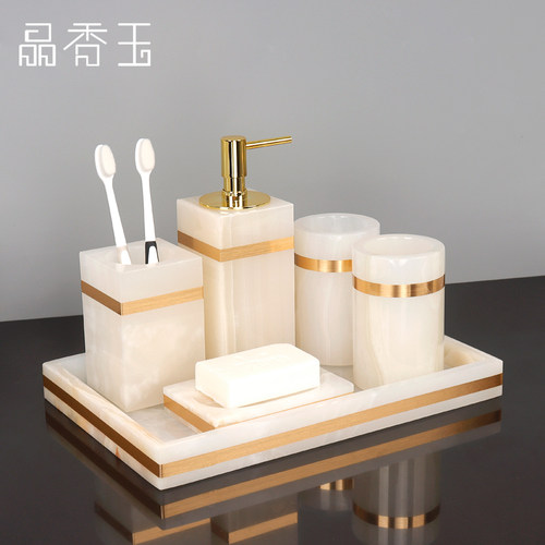 卫浴五件套白玉大理石洗漱套装卫生间托盘刷牙洗漱口杯用品套件 - 图2