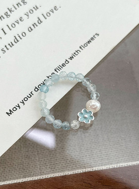 S925银海蓝宝花朵珍珠弹力戒指