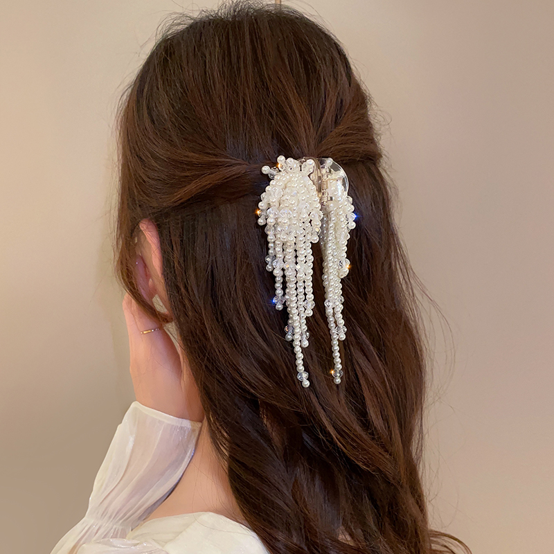 气质珍珠串珠发夹女后脑勺半扎发鲨鱼夹高级感小众设计小抓夹头饰 - 图2