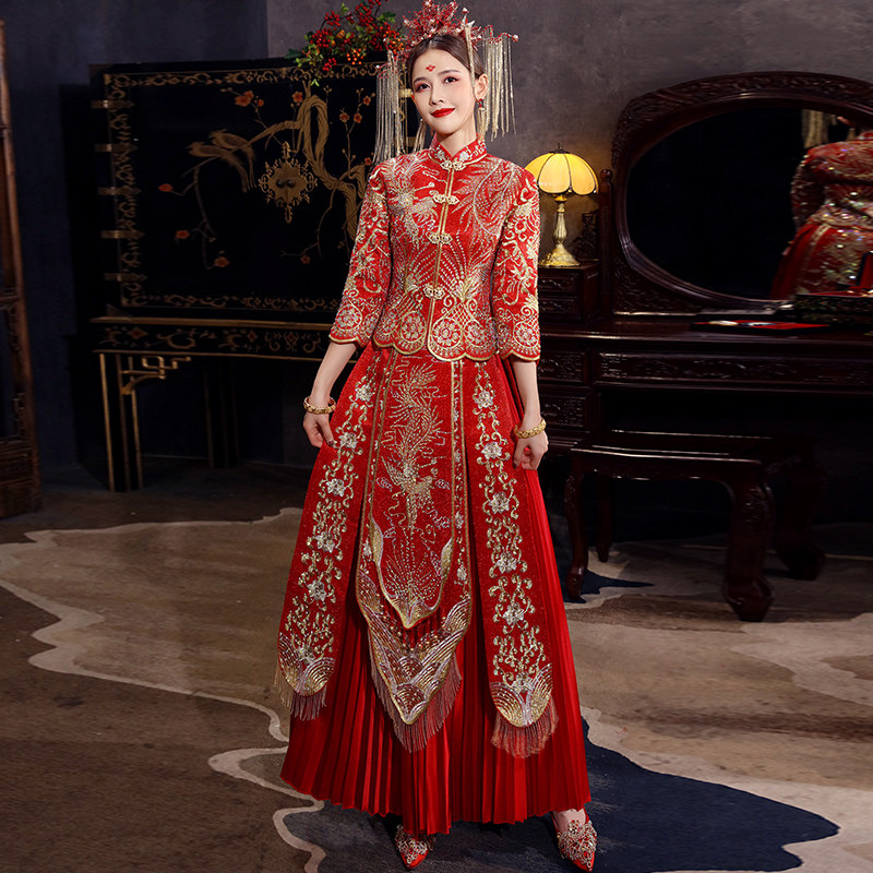 秀禾服2020新款新娘结婚中式敬酒服 蓝靛熊旗袍