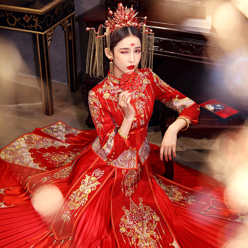 秀禾服2020新款新娘结婚中式新娘服 蓝靛熊旗袍