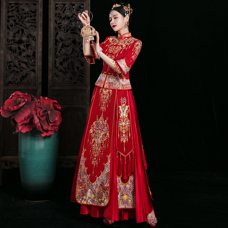 秀禾服2020新款禾服夏季结婚秀礼服 蓝靛熊旗袍