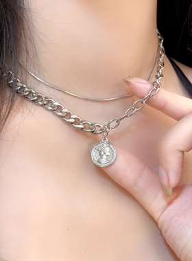 觅韩欧美金属叠戴双层项链拼接设计人头像吊坠网红ins锁骨链2861
