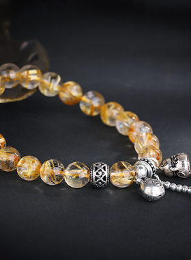 妍韵珠宝金发晶S925银福袋招财猫配白水晶手串水晶玛瑙女士款 8mm