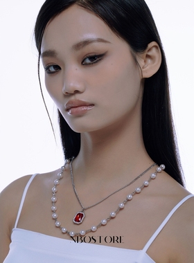 原创珍珠拼接红色宝石吊坠项链