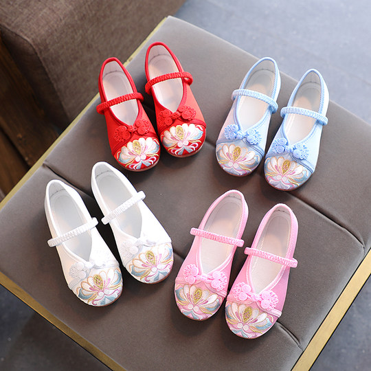Hanfu embroidered shoes for girls, old Beijing children's shoes, tendon soles, Chinese style handmade cloth shoes, embroidered costume dance shoes