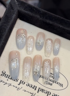 纯手工【冰花】雪花蓝色渐变猫眼冰透秋冬氛围感气质温柔仙女美甲