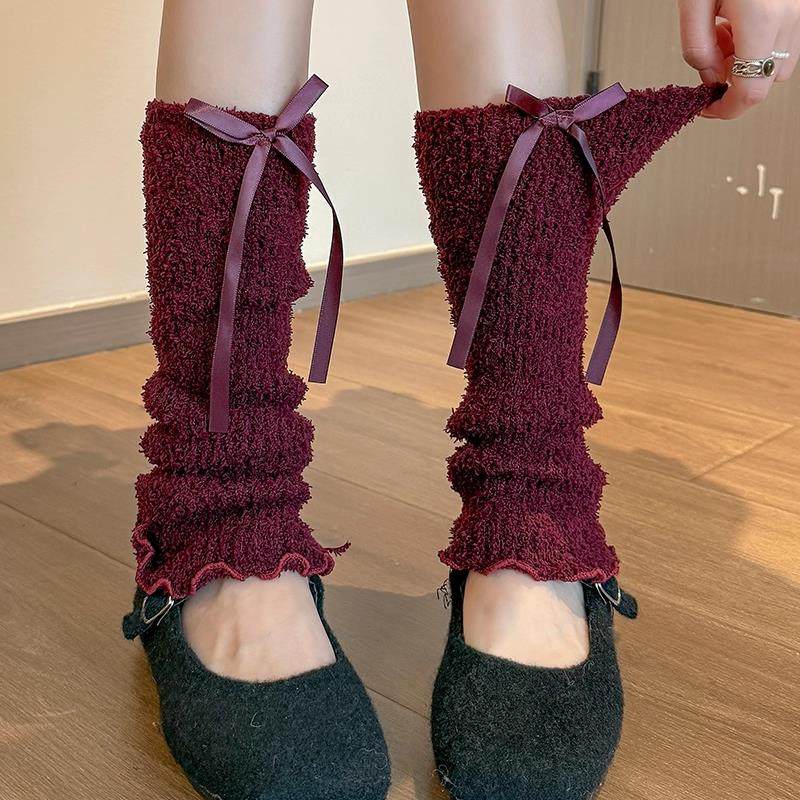 红色堆堆袜套女秋冬保暖防寒腿套日系蝴蝶结JK袜子圣诞毛绒小腿袜,淘宝优惠券,粉丝福利购,淘宝优惠卷
