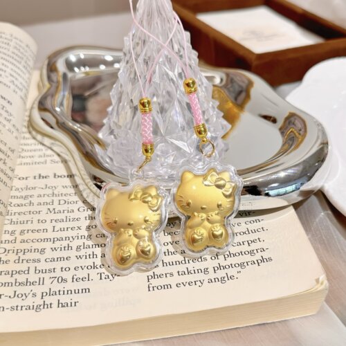 足金水贝黄金低克重送礼迷你哈喽KT猫潮玩包包挂绳钥匙扣挂件 - 图0