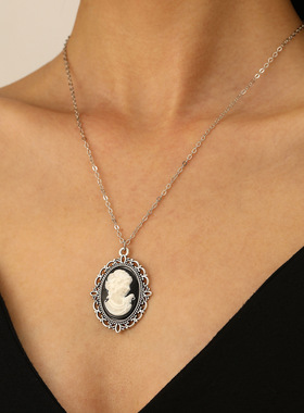 跨境复古女士卡梅奥吊坠黑色项链