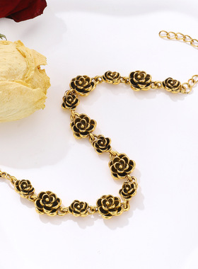 复古做旧玫瑰花手链女ins风欧美设计感合金花朵手环气质手饰