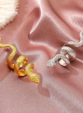 欧美外贸长款酷帅男士蛇纹指环 朋克风金属动物复古夸张蛇形戒指