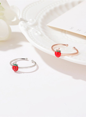 小清新元气少女草莓开口戒指 甜美森系关节戒指简约文艺学生尾戒