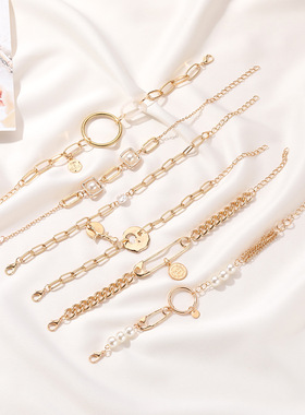 跨境新款简约几何手链 冷淡风个性别针珍珠粗链条手链ins热卖手饰