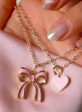 甜美蝴蝶结爱心项链批发小众设计