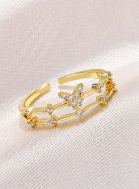 欧美ins简约蝴蝶戒指女 时尚气质微镶锆石双层金属几何开口食指戒