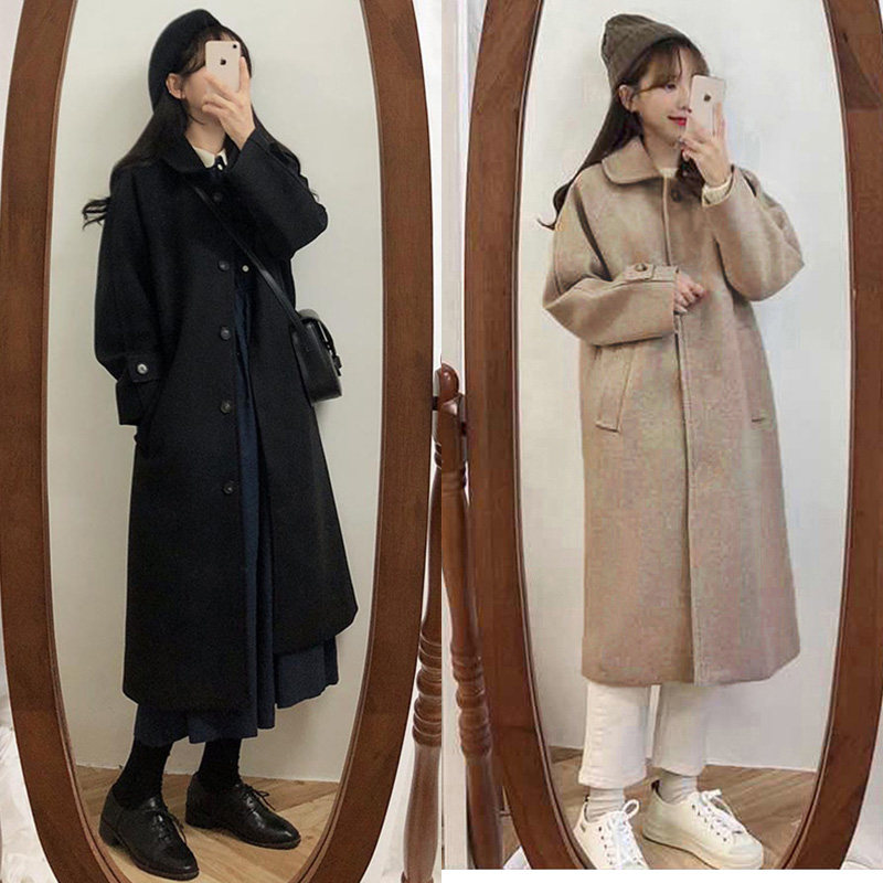 连帽假两件黑色毛呢外套中长款2021 佩茄毛呢外套