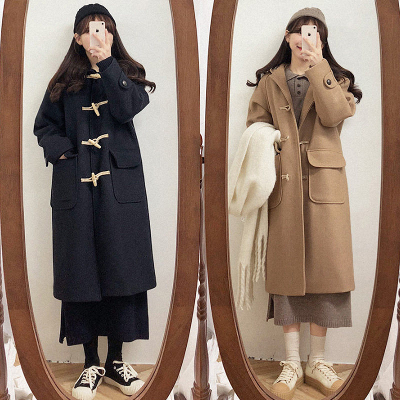 连帽假两件黑色毛呢外套中长款2021 佩茄毛呢外套