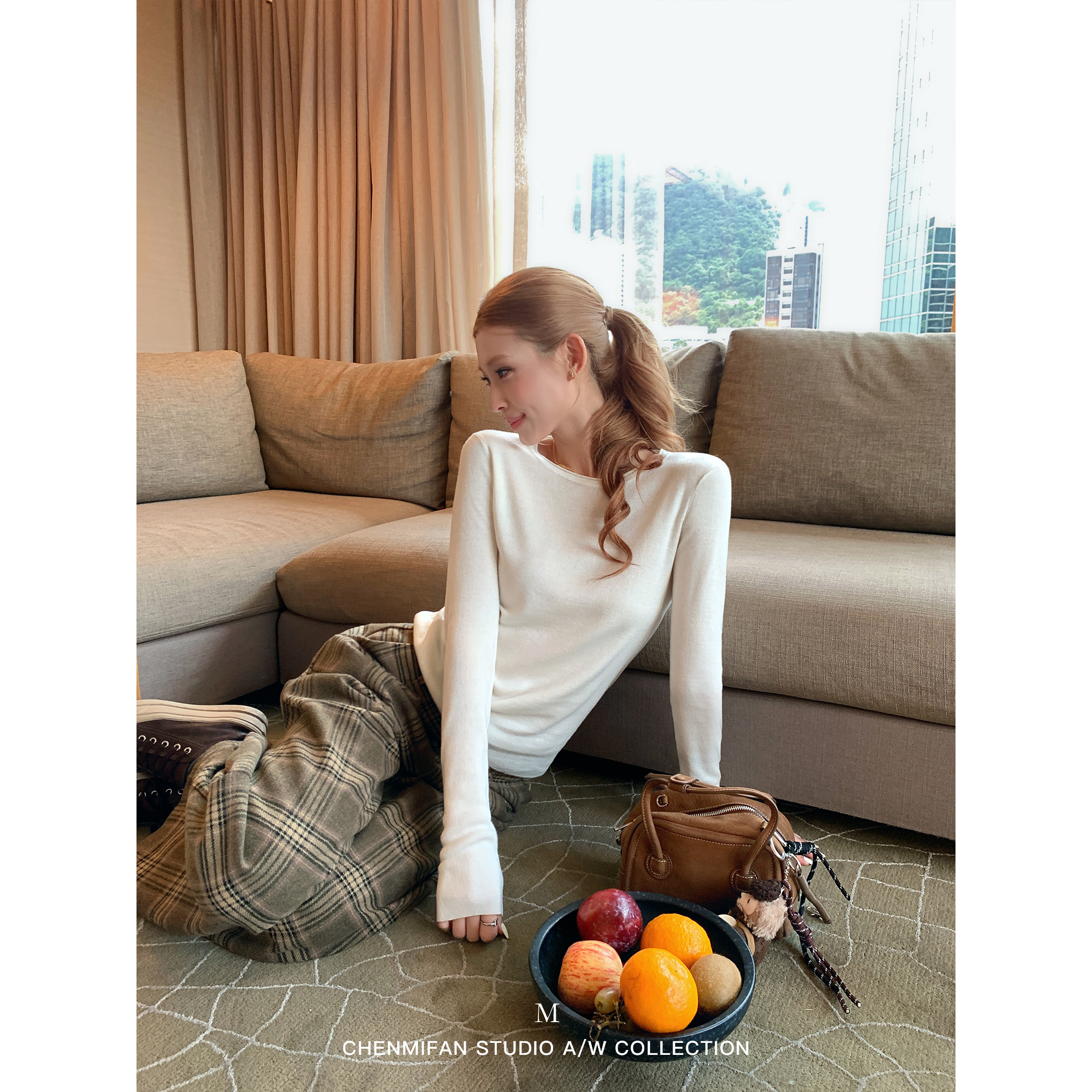 辰米范 舒适回归 基础款正肩圆领针织打底衫女修身显瘦内搭上衣 - 图0