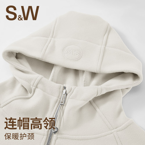 SW速惟加绒外套女秋冬修身显瘦连帽卫衣开衫高领抓绒保暖立领外套 - 图1