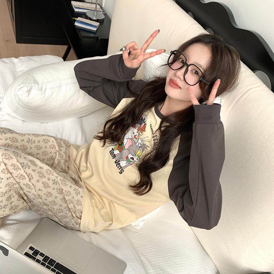 馨帮帮 春季新款撞色卡通睡衣女+碎花蕾丝边睡裤可外穿休闲家居服,淘宝优惠券,粉丝福利购,淘宝优惠卷