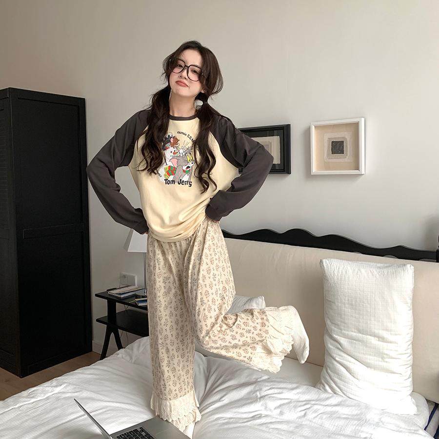 馨帮帮 春季新款撞色卡通睡衣女+碎花蕾丝边睡裤可外穿休闲家居服,淘宝优惠券,粉丝福利购,淘宝优惠卷
