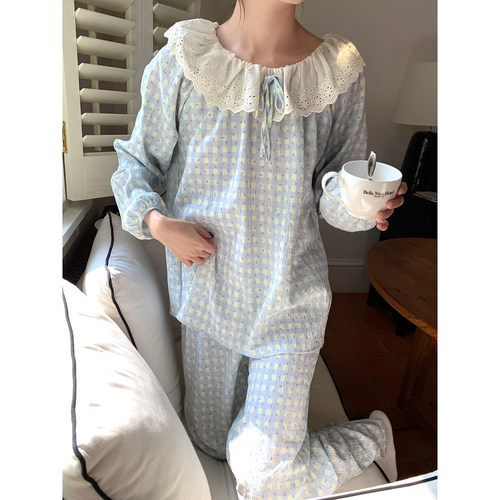 馨帮帮Homedress 甜美碎花格子睡衣女春秋款娃娃领外穿家居服套装 - 图1