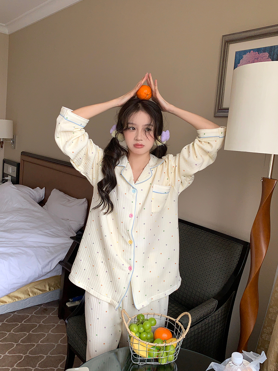 馨帮帮Homedress 秋冬波点加厚夹棉睡衣套装女泡泡棉可外穿家居服,淘宝优惠券,粉丝福利购,淘宝优惠卷