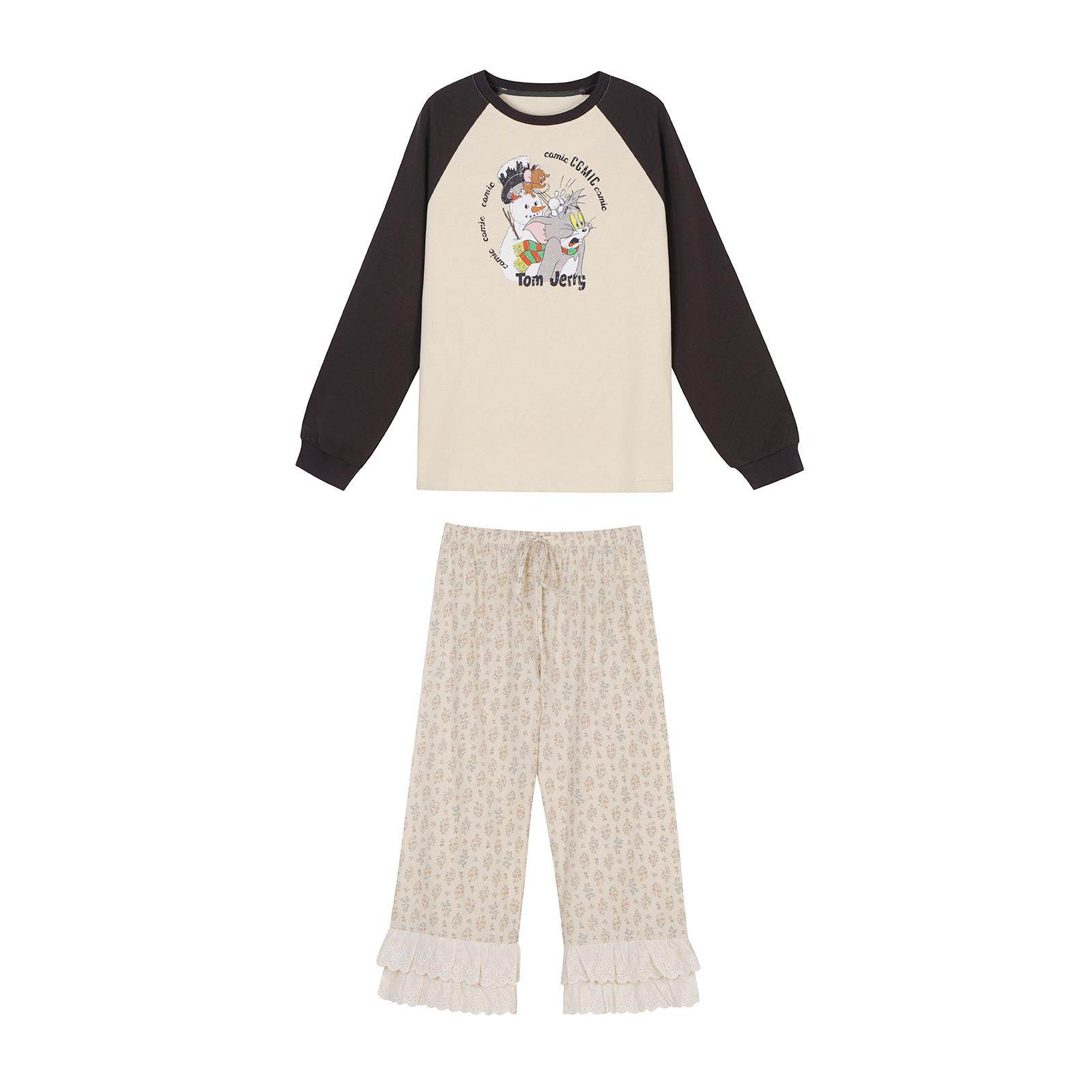 馨帮帮 春季新款撞色卡通睡衣女+碎花蕾丝边睡裤可外穿休闲家居服,淘宝优惠券,粉丝福利购,淘宝优惠卷