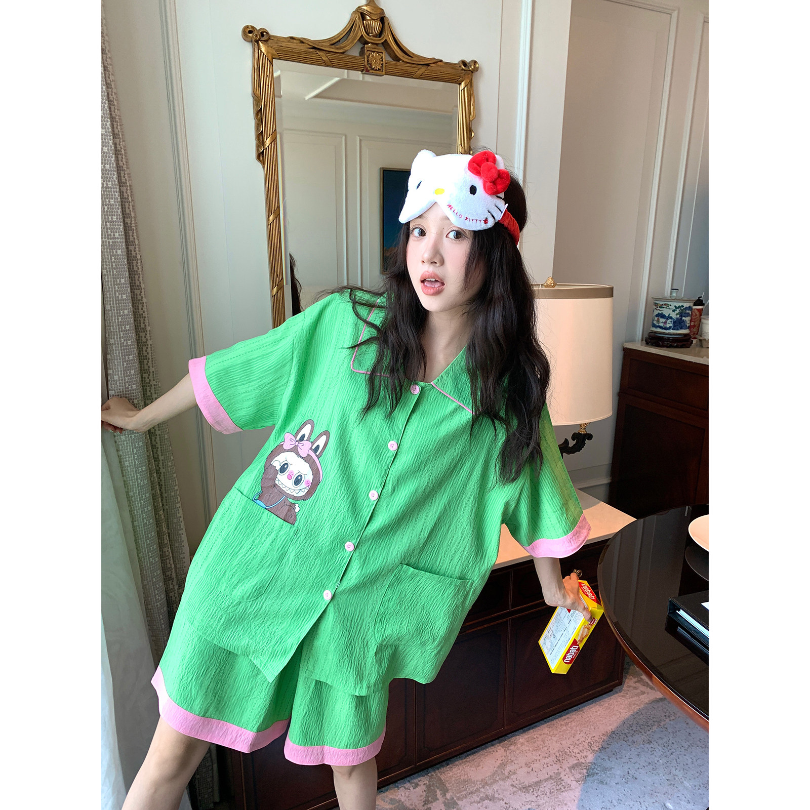 馨帮帮Homedress 撞色卡通短袖睡衣女款夏季宽松休闲可外穿家居服,淘宝优惠券,粉丝福利购,淘宝优惠卷