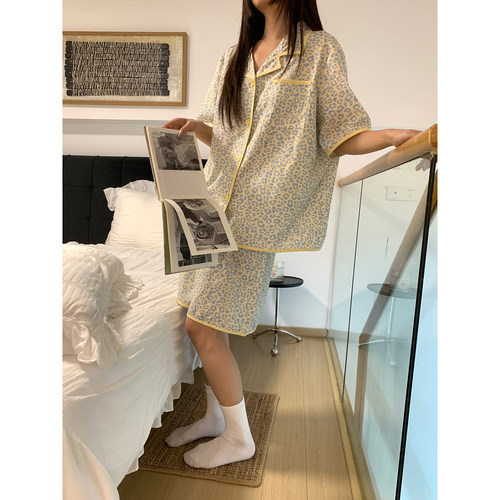 馨帮帮Homedress 甜美风豹纹短袖睡衣女款夏季翻领开衫家居服套装 - 图0