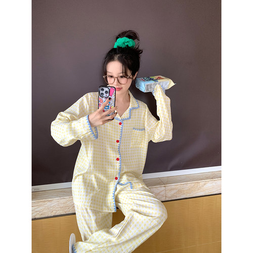 馨帮帮Homedress 撞色边格子睡衣女秋季舒适宽松可外穿家居服套装 - 图2