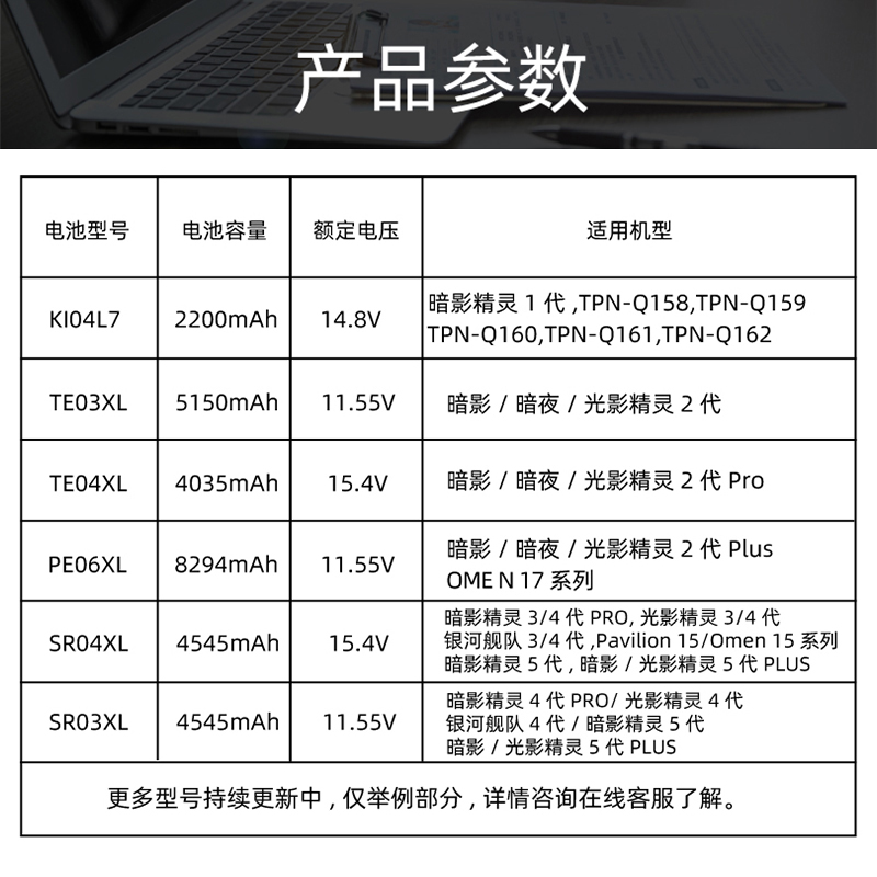 惠普光影暗夜暗影精灵1/2/3/4/5代PRO/PLUS TE03XL TE04XL TPN-Q173/174  SR03XL SR04XL 笔记本电脑电池 - 图1