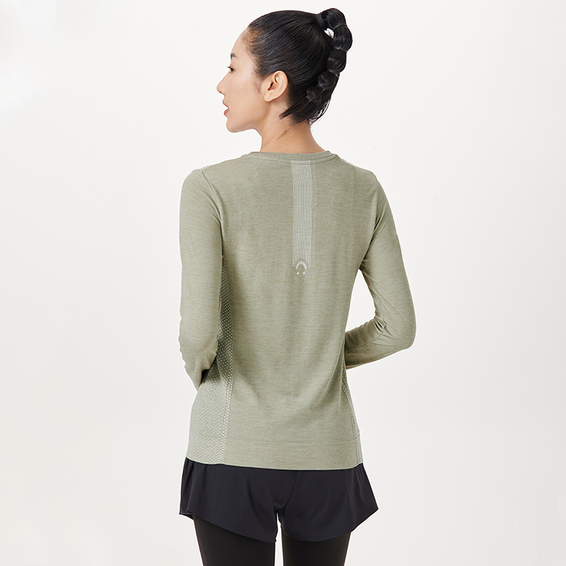 JSC无缝一体长袖t恤女上衣撞色提花蓄热瑜伽服运动专业晨跑健身服 - 图1