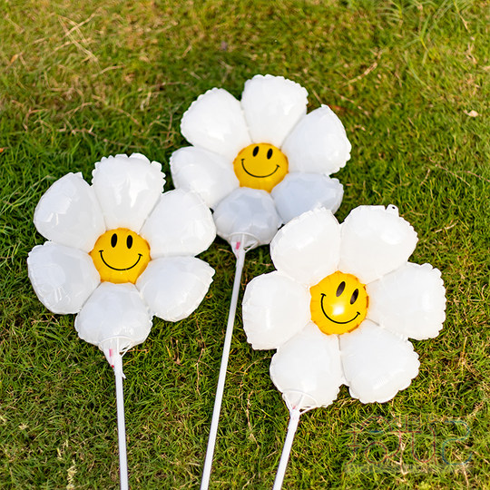 白色小雏菊太阳花黄色笑脸气球带杆野餐拍照儿童宝宝周岁生日装饰