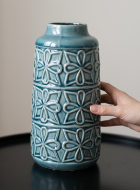 创意复古陶瓷蓝几何花瓶摆件