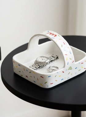 彩色点纹陶瓷桌面首饰手表收纳篮