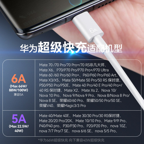 华为6A/5A数据线原装正品充电线88W超级快充Mate60/50/40/P60/Pura70Pro荣耀100/200手机原版充电器tpyec线 - 图1