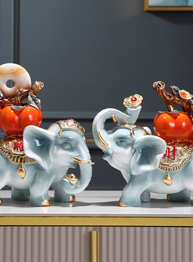 柿柿如意财福大象新中式创意装饰客厅玄关大象摆件一对家居装饰品