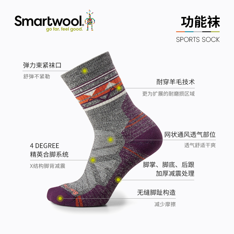 Smartwool Hike女士徒步功能轻量减震短筒袜民族风远足羊毛袜1580-图0